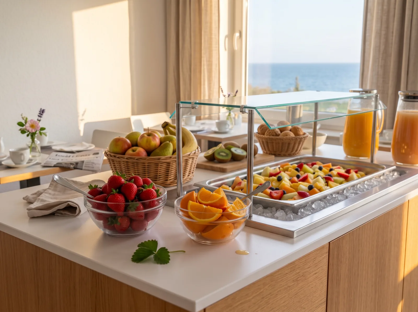 Frühstücksbuffet im Hotel mit frischem Obst, Erdbeeren und Säften vor Meerblick