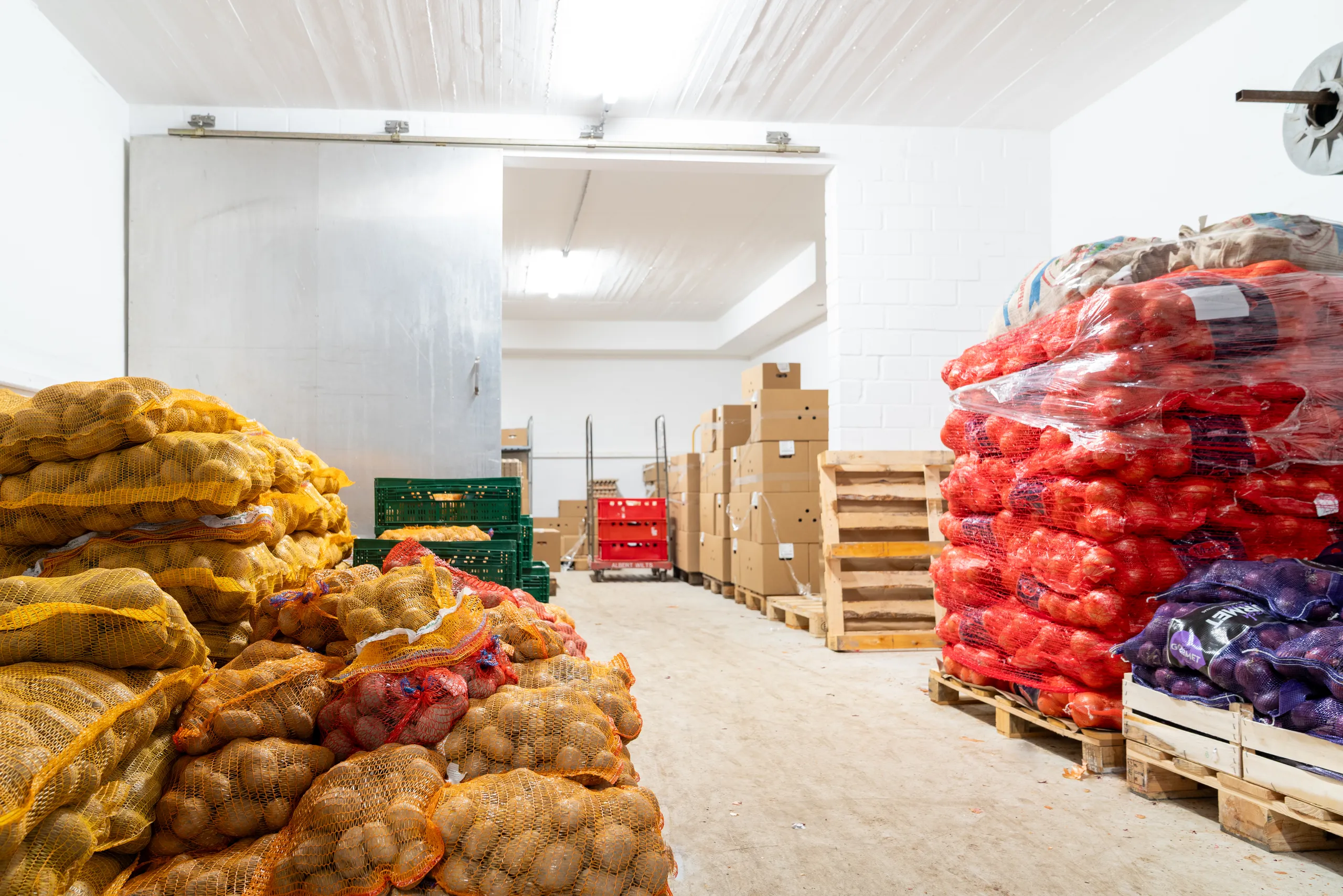 Gemueselager mit Kartoffeln und Zwiebeln in Netzsaecken auf Paletten